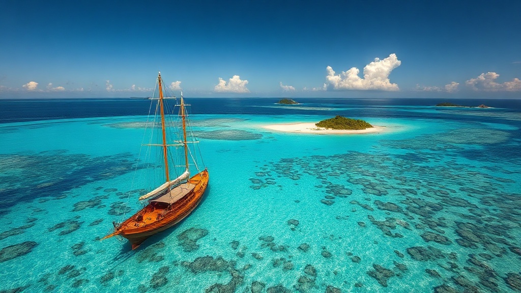 Phinisi sailing over a turquoise coral reef atoll in eastern Indonesia at golden hour
